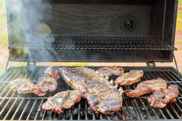 Assorted delicious grilled pork meat for dinner with roast on barbecue grill