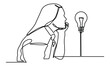 Continuous line drawings of a young girl thinking with blub. worried girl thinking problem confused vector illustration. One-line drawing of a thinking girl.
