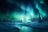 Fototapeta Na sufit - Beautiful polar night winter scenery with lake, mountains and aurora