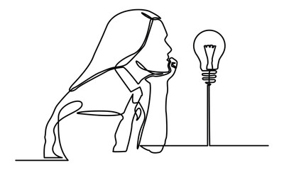 Continuous line drawings of a young girl thinking with blub. worried girl thinking problem confused vector illustration. One-line drawing of a thinking girl.
