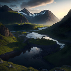 Wall Mural - a mountain range with a river running through it
