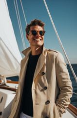 Poster - handsome man on yacht sailboat smiling in sunglasses and a tan trench coat out at sea with blue skies 