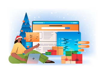Wall Mural - web developer woman in santa hat creating program code on laptop screen development of software and 