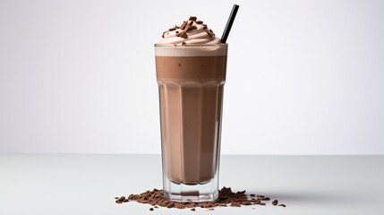 Front view Chocolate milkshake with clear white background and spotlight for product presentation. Created using generative AI.