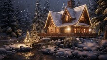 An Elegant Log Cabin Tucked Away In The Heart Of A Snow-covered Forest Bathed In Moonlight