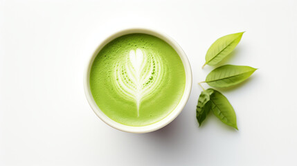 Top view decoration of Matcha green tea latte with leaf and plain white background and warm light for advertise and presentation. Created using generative AI.