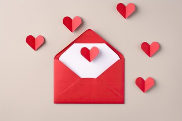 Canvas Print - Envelope with paper hearts on light background, valentines day concept, love letter envelope with paper craft hearts, AI Generated