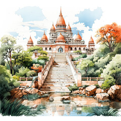 Wall Mural - A watercolor sketch captures the essence of an Indian style temple in the lap of nature