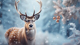Fototapeta Zwierzęta - Majestic deer with christmas decoration on background. Christmas and New Year concept.