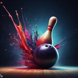 Fototapeta  - Bowling ball hitting pin with colored splash 