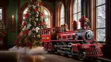 A Detailed Miniature Toy Train Set Placed On Wooden Rails, Juxtaposed With A Festive Christmas Tree Backdrop.
