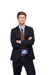 Wall Mural - Serious, arms crossed or portrait of businessman with professional, corporate or leadership. Power, confident finance attorney or proud male lawyer in suit isolated on transparent png background