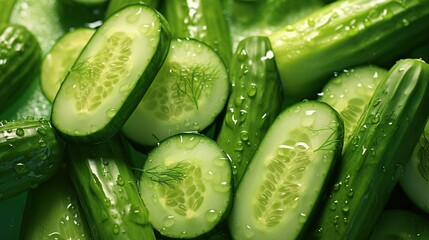 Poster - Fresh green chopped cucumber with celery leaves isolated background. AI generated