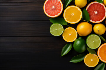Wall Mural - Citrus fruits on wooden background, orange, lime and lemon on dark wood background, copy space