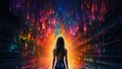 In a vibrant display of artistic expression, a woman stands in a tunnel of colorful lights, captured in a stunning image