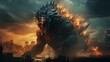 In the fiery sky, a colossal beast roars amidst the swirling clouds, igniting a wild display of fireworks and unleashing a primal chaos upon the outdoor world
