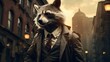 A sharply-dressed man stands tall outside a towering building, his fur-lined jacket catching the eye of a curious raccoon as they both stare down the bustling street