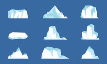 Iceberg Collection. Floating Ice Mountain, Cartoon Glacier In Arctic Ocean Water Or North Sea, Frozen Polar Glacial Fragment Melting Icy Rock Peak. Vector Set Of Ice Floating Iceberg Illustration