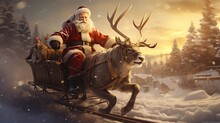 Rendering Santa Flies His Reindeer Drawn Sleigh Against Snow Covered Trees Winter. AI Generated