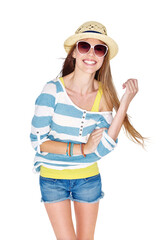 Wall Mural - Smile, fashion and sunglasses of a happy woman model with trendy, casual outfit. Happiness, summer clothes and a young person isolated on a transparent, png background for fun, motivation and energy