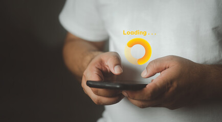 Man using smartphone update program software. Program upgrade business technology internet on virtual screen. loading bar with installing the update for quality better. Internet technology concept
