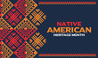 Native American Heritage day or 
Native American Heritage Month, theme, November, 
vector, poster, card, social media, banner, post with 
Native American month, text, border, pattern, USA 