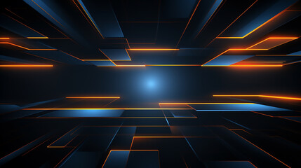 Digital technology blue gold geometric curve abstract square and orange glow light. Modern digital abstract 3D background. Blue and lilac blocks with neon lines and glowing background futuristic. 