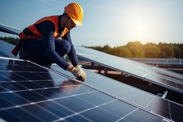 Poster - Solar panel technician with drill installing solar panels on house roof on a sunny day.