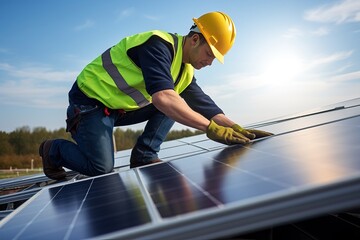 Poster - Solar panel technician with drill installing solar panels on house roof on a sunny day.