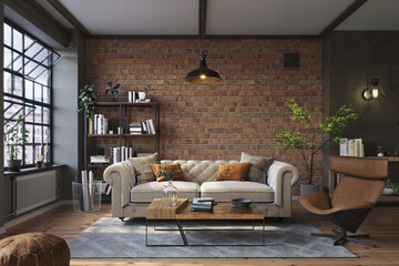 Industrial brick living room interior design. Loft Apartment with modern furniture and hardwood flooring, 3d render 