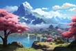 © fledermausstudio - Fantasy landscape with mountains, hills, lake, meadow and sun. Anime style illustration