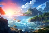 Fototapeta Łazienka - Fantasy landscape with mountains, hills, lake, meadow and sun. Anime style illustration