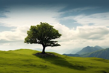 Tranquil solitude. Green landscape with trees and sunny meadows. Nature serenity. Peaceful tree lined meadow under clear sky. Rural tranquility. Sunlit with verdant and fields