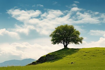 Tranquil solitude. Green landscape with trees and sunny meadows. Nature serenity. Peaceful tree lined meadow under clear sky. Rural tranquility. Sunlit with verdant and fields