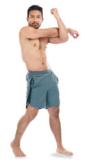 Poster - Man, stretching arms and fitness in portrait, workout and athlete in gym isolated on transparent png background. Sports, male bodybuilder and exercise warm up with training and shirtless with muscle