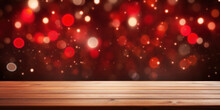Empty Old Wooden Table Over Magic Red Christmas Bokeh Background