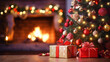 © tashechka - A gift under the Christmas tree in an interior with a fireplace