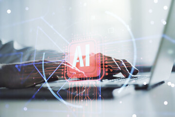 Wall Mural - double exposure of creative artificial intelligence abbreviation with hand typing on computer keyboa