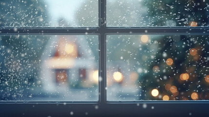 Wall Mural - Window from inside with falling snowflakes and a Christmas bokeh background