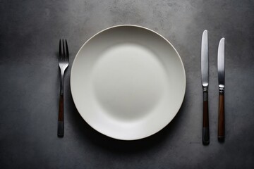 Top view of an empty plate with cutlery on a dark concrete background. Generative Ai.