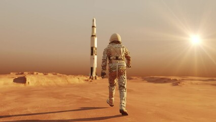 Wall Mural - astronaut walking on planet mars