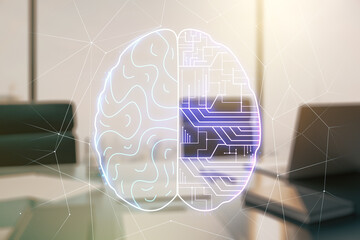 Wall Mural - creative artificial intelligence concept with human brain sketch and modern desktop with pc on backg