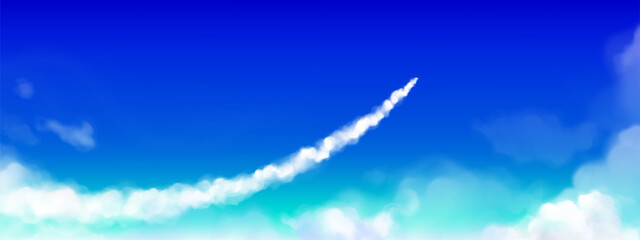 Wall Mural - white steam trail from plane or rocket flying up on blue clear sky. realistic vector illustration of