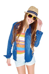 Wall Mural - Happy, fashion and sunglasses of woman model with smile, hat and casual outfit. Happiness, summer clothes and a young person isolated on a transparent, png background for fun, cool and trendy style