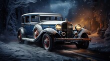 An Elegant Vintage Blue Car, With Snow Settling On Its Exterior, Is Parked On A Snowy Path, Flanked By Snow-laden Trees Under A Mystical Night Sky.