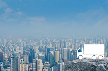 Truck icon on rock mountain over modern city tower, office building and skyscraper, Business transportation service concept