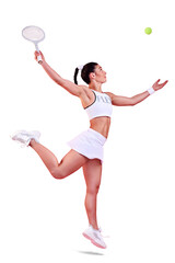 Isolated tennis woman, jump and racket with serve, ball or power at game in profile by transparent png background. Athlete girl, sport or training for contest, competition or fitness for healthy body