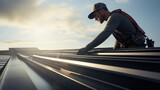 Fototapeta  - Close-up construction technician installing metal sheet roof and sky