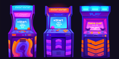 Arcade game machines set isolated on black background. Vector cartoon illustration of retro computer gaming cabinet with buttons, joystick console, coin slots, menu options text on neon display
