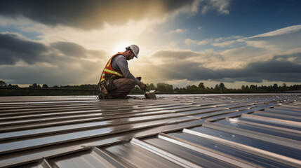 Canvas Print - construction technician installing metal sheet roof and sky